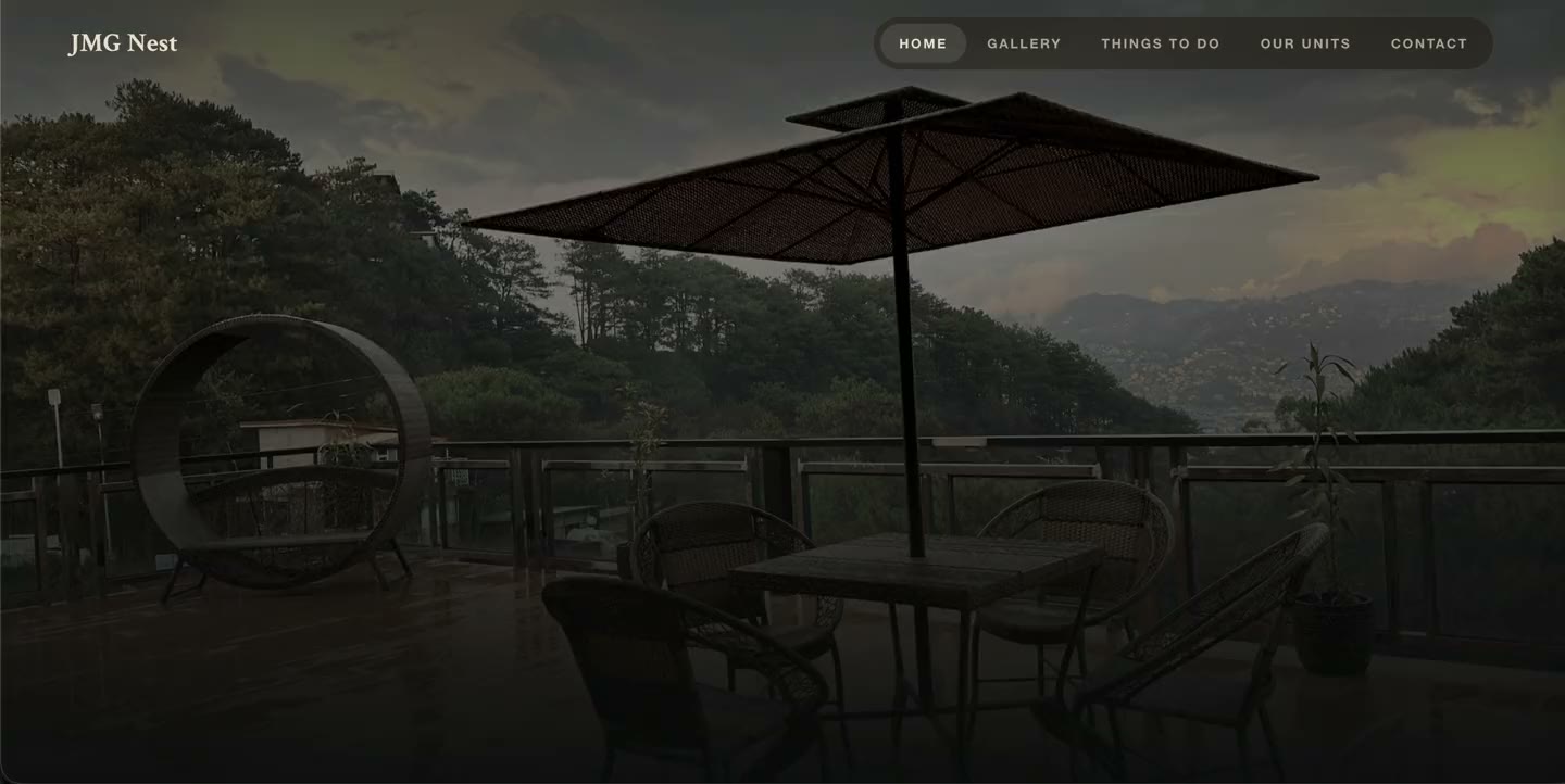 JMG Nest mountain vacation rental website, full desktop view