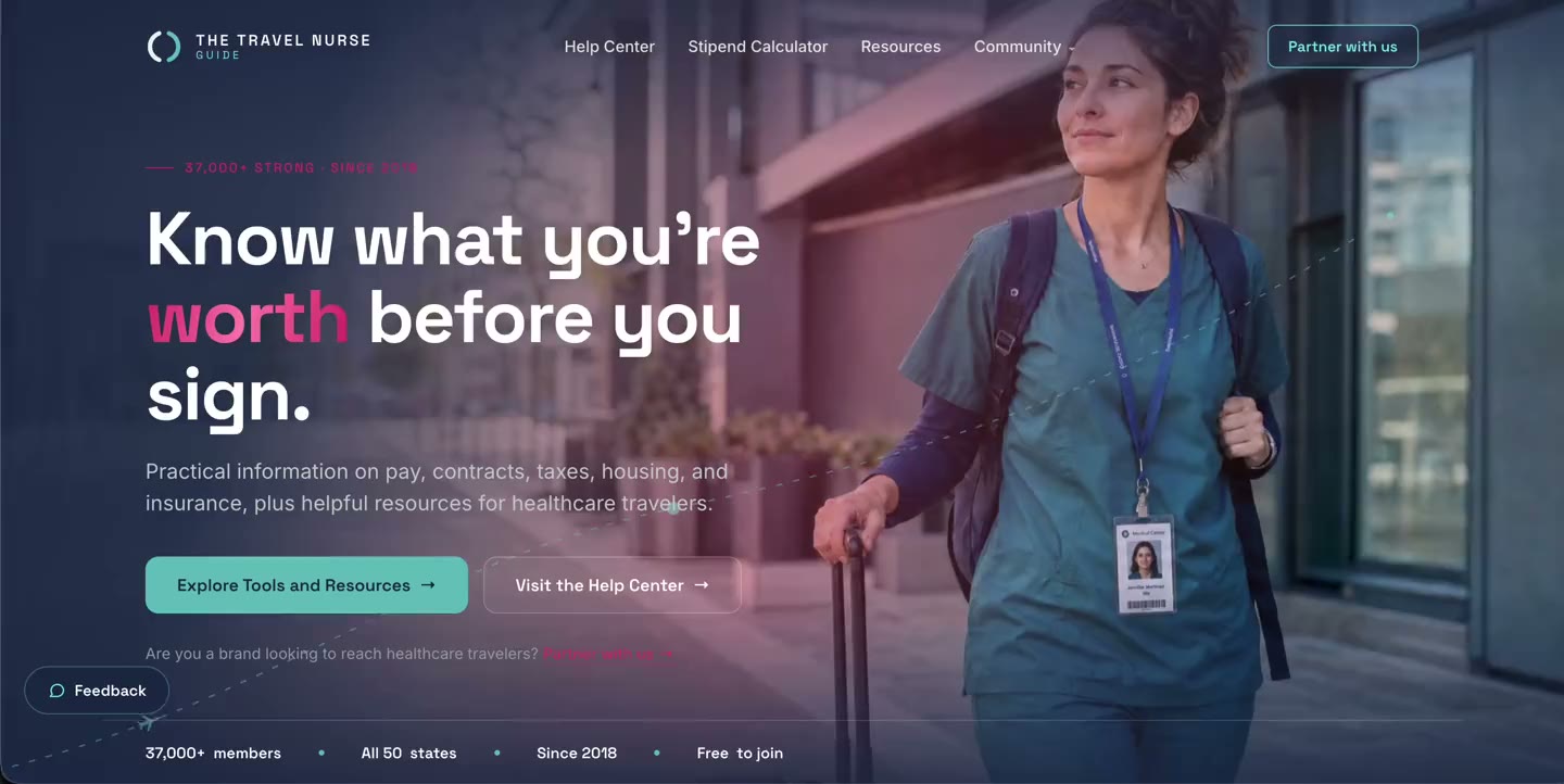 The Travel Nurse Guide website, full desktop view